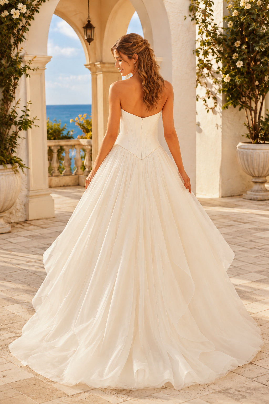 Strapless Tulle Ball Gown Wedding Dress with Layered Skirt back view