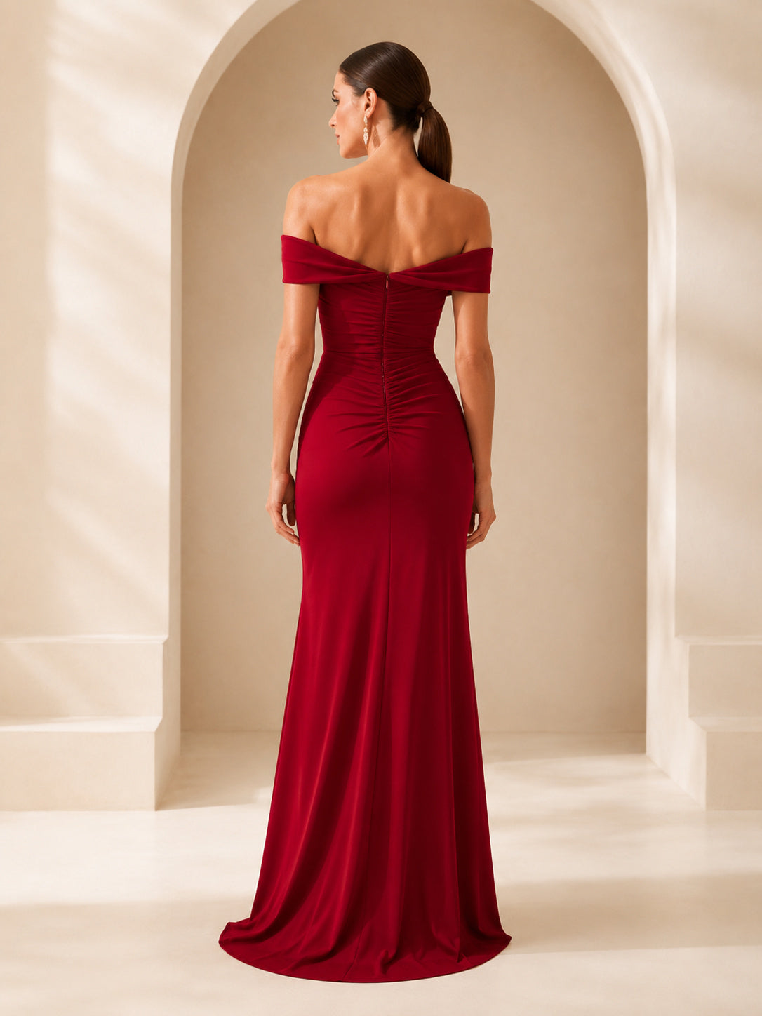 Red Off-the-shoulder Satin High Slit Mermaid Gown back view