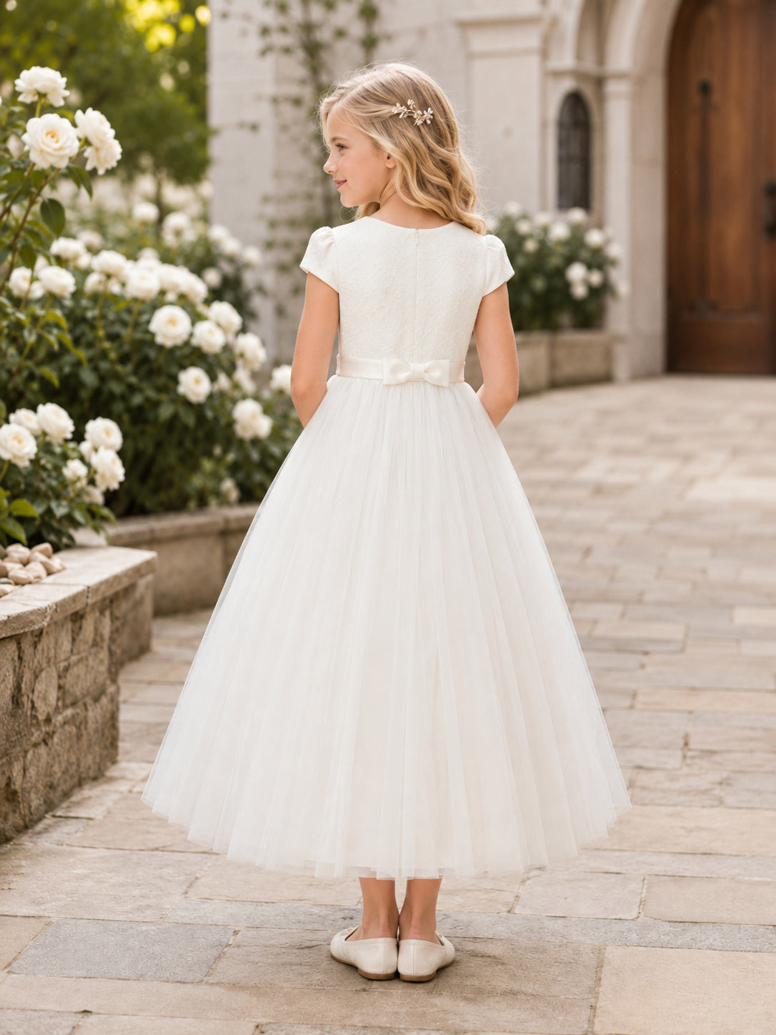 White Modest Cap Sleeve Tulle Communion Flowergirl Church Dress back view