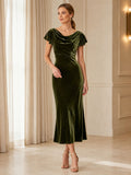 Dark Green Cowl Flutter Sleeve Velvet Sheath Midi Wedding Guest Dress front view