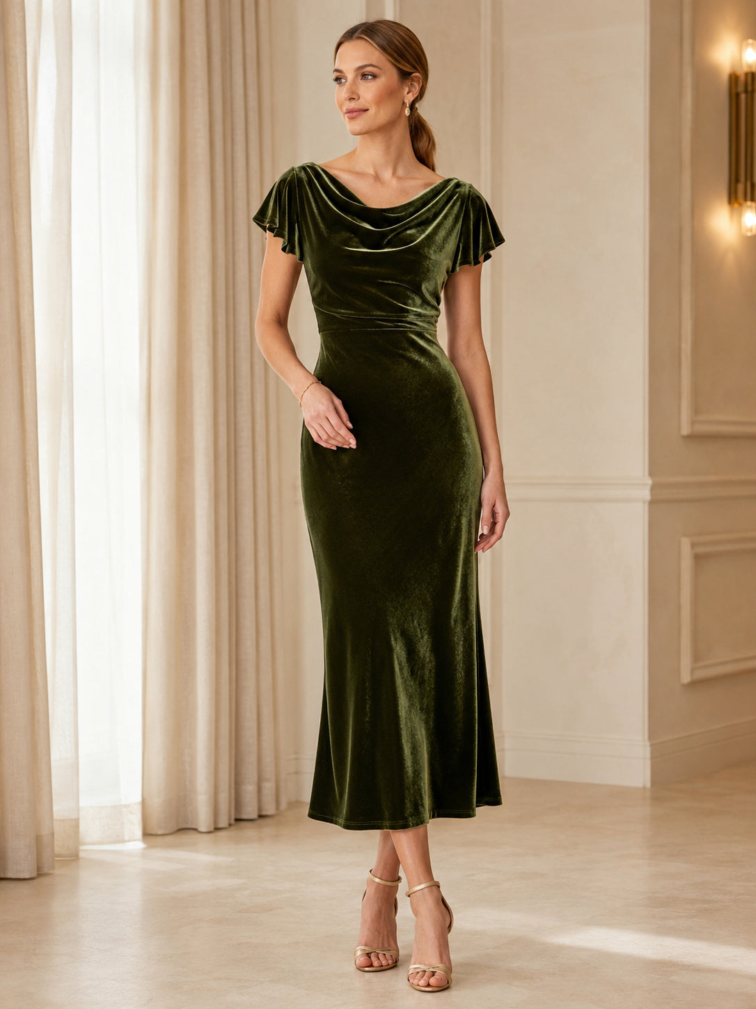 Dark Green Cowl Flutter Sleeve Velvet Sheath Midi Wedding Guest Dress front view