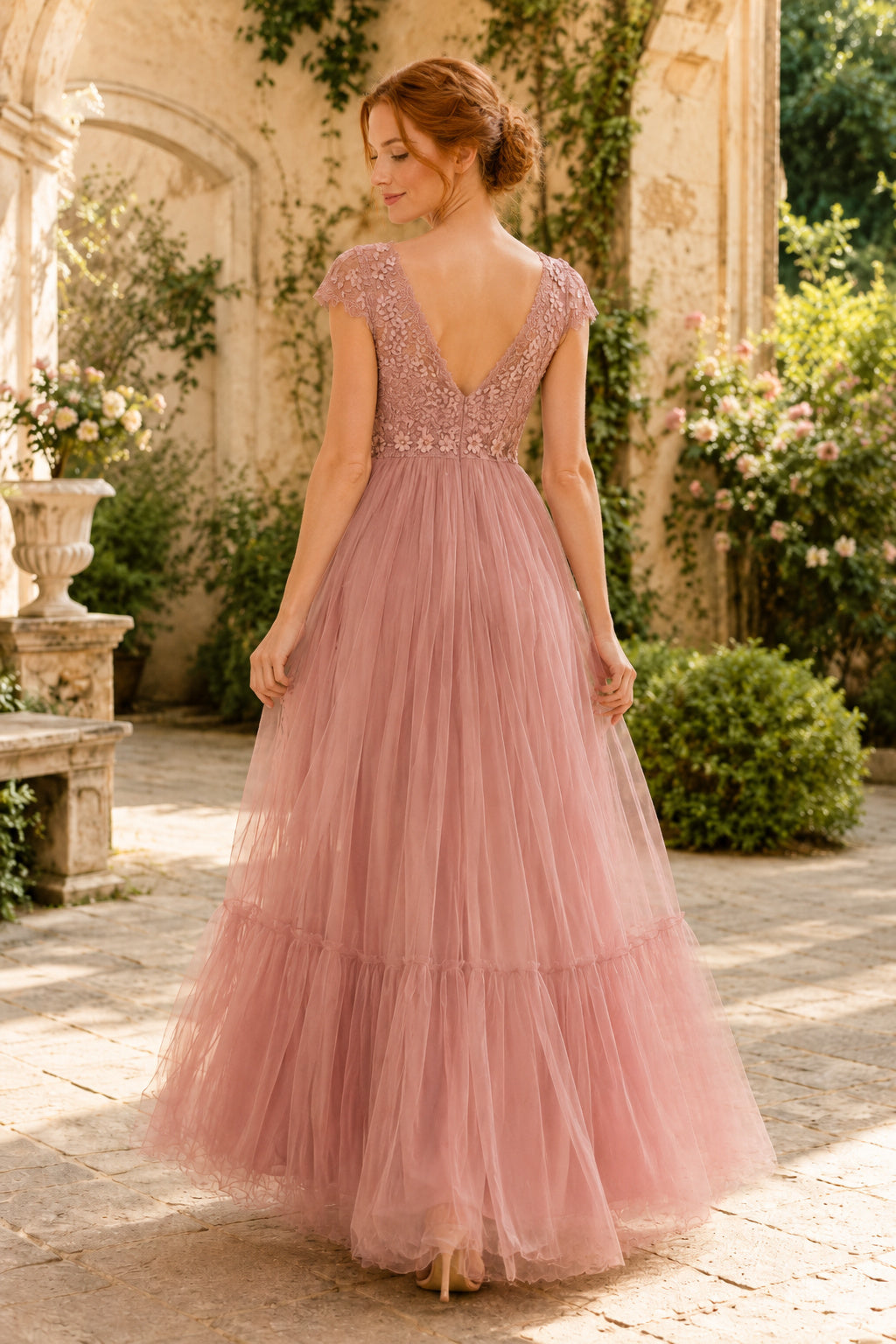 Dusty Rose Illusion Lace Bodice with Soft Tiered Tulle Skirt Floor Length A-Line Prom Dress back view