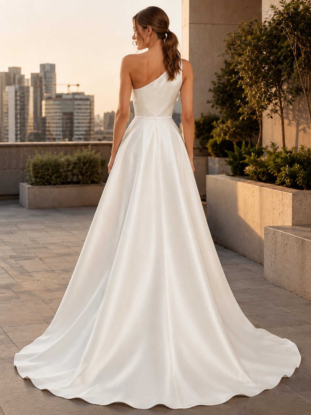 One Shoulder Satin High Low Rooftop Wedding Dress back view