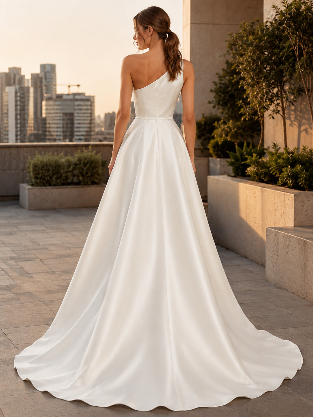 One Shoulder Satin High Low Rooftop Wedding Dress back view