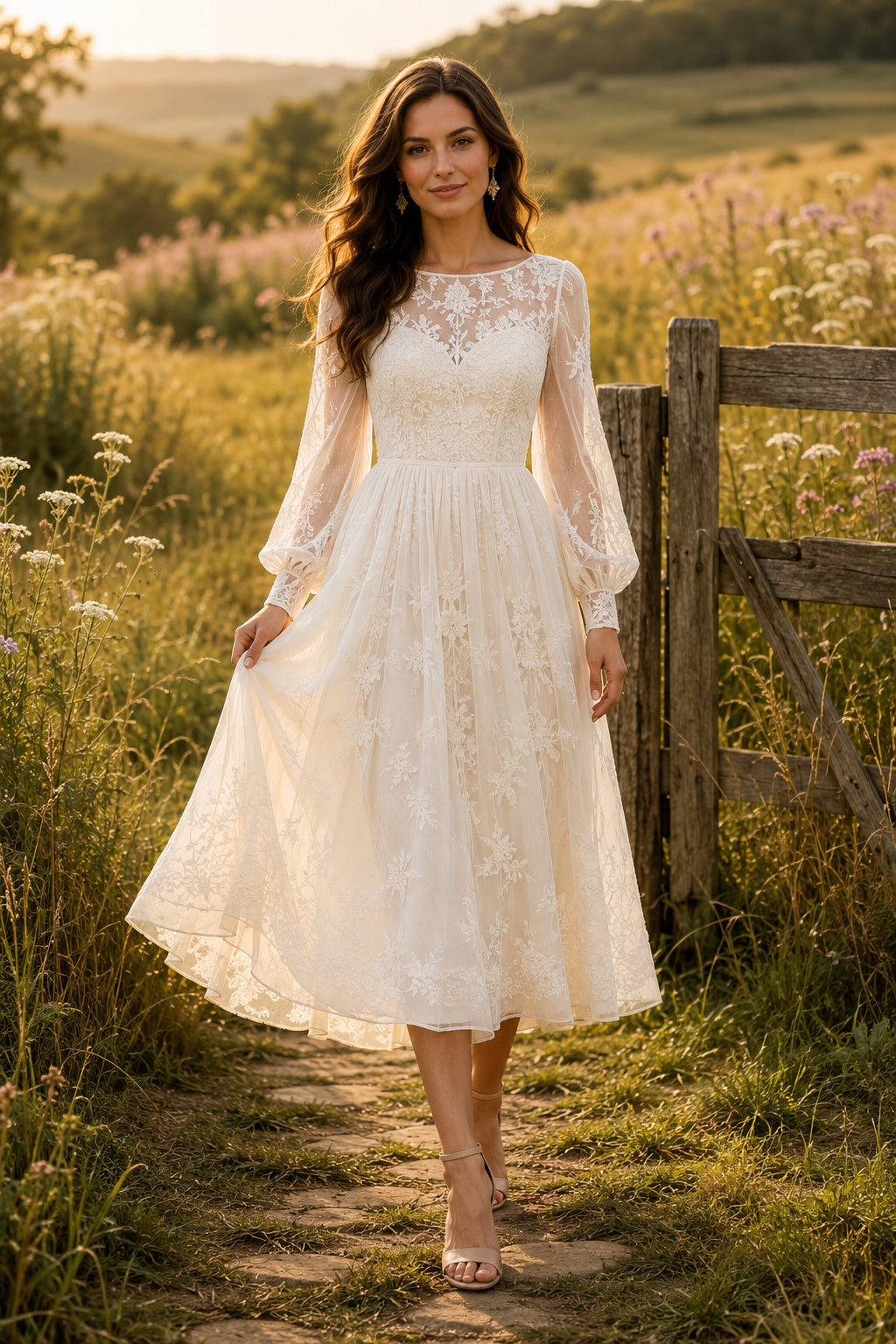 Ivory Boho Square Neck Tea-Length A-Line Tea Length Tulle Wedding Dress with Long Poet Sleeves and Tea-Length Hem front view