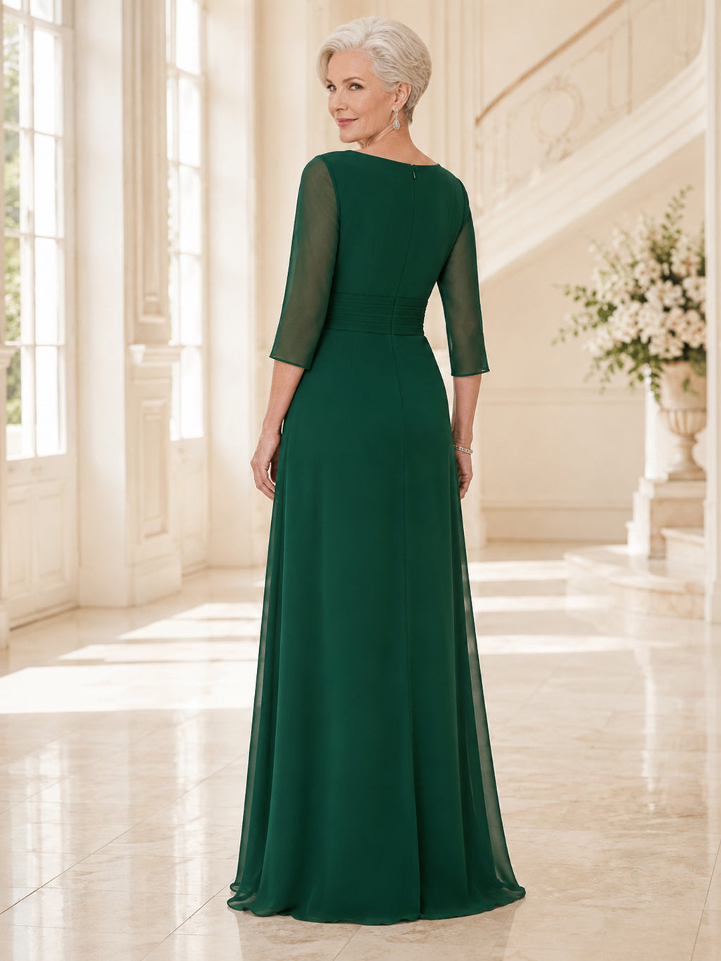Dark Green Modest Bateau Three-Quarter-Sleeve Draped-Waist Floor-Length A-Line Mother of the Bride Gown back view