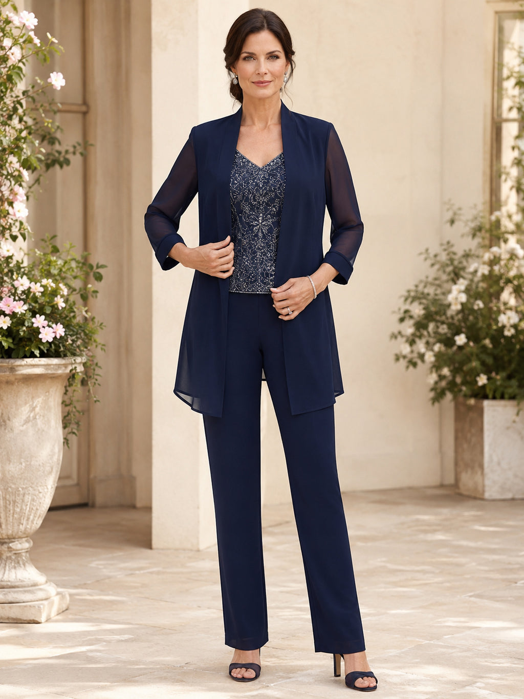 Dark Navy Luxury Sequin-Camisole Sheer Longline-Jacket Ankle-Length Formal Mother of the Bride Pantsuit front view