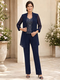 Dark Navy Luxury Sequin-Camisole Sheer Longline-Jacket Ankle-Length Formal Mother of the Bride Pantsuit front view