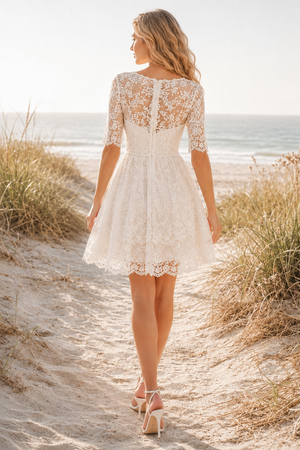 Ivory Lace V-Neck Short A-Line Wedding Dress with Cap Sleeves and Scalloped Hem for Beach Reception back view
