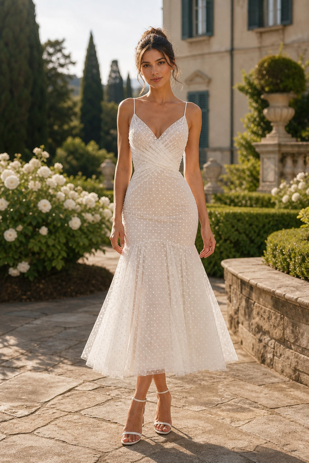 White V-Neck Tea-Length Tulle Fit-and-Flare Dress