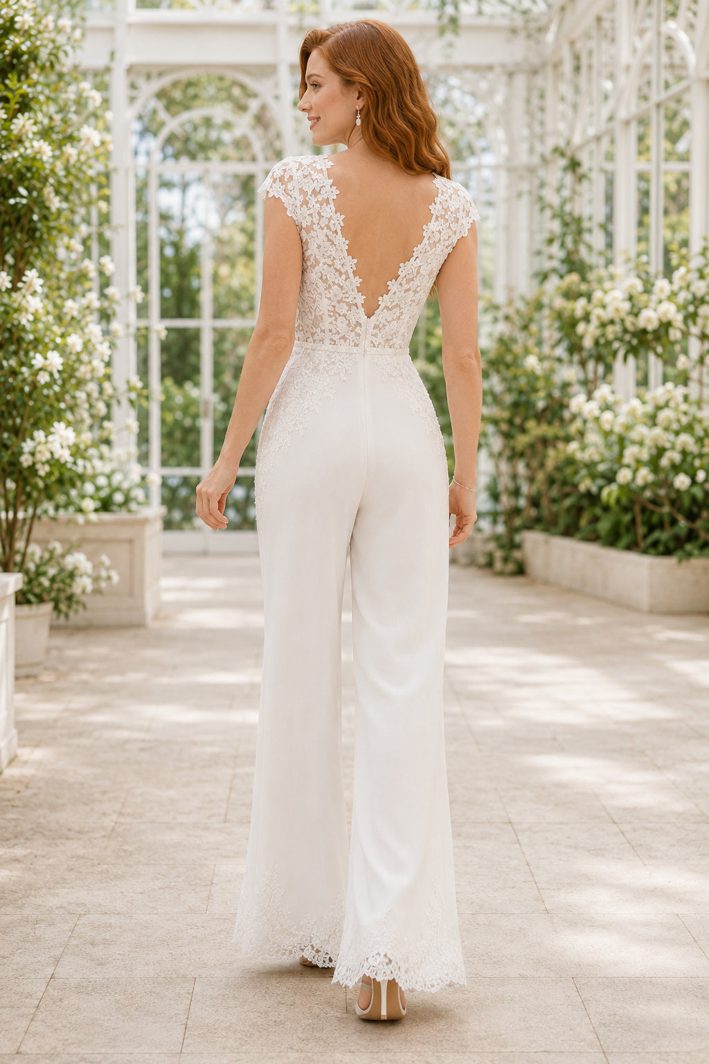 Ivory V Neck Lace Cap Sleeve Wedding Jumpsuit back view