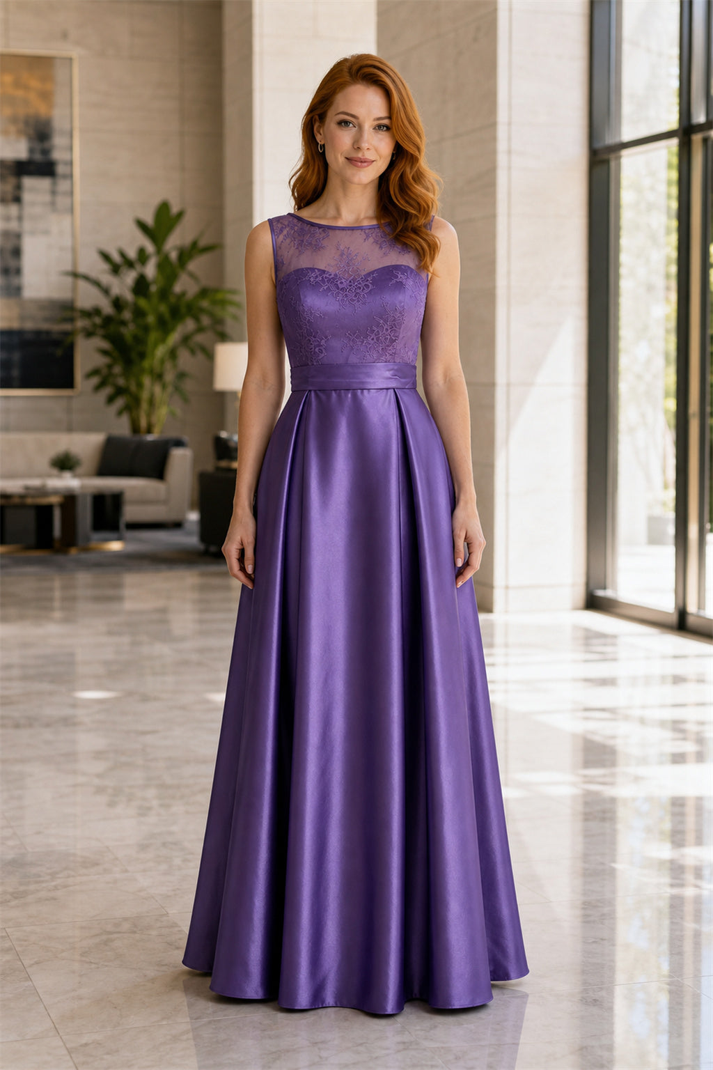 Scoop Neck Sleeveless A-Line Satin Floor-Length Dress With Sash