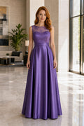 Scoop Neck Sleeveless A-Line Satin Floor-Length Dress With Sash