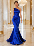 Royal blue one shoulder satin mermaid evening gown front view