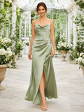 Sage Romantic Garden Wedding Guest Dress Sheath Satin Cowl Neck Spaghetti Strap Sleeveless Ankle-Length Side Slit front view