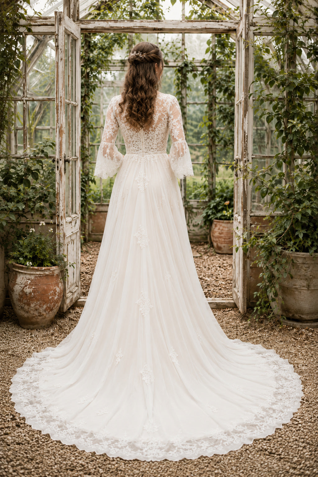 Ivory V-Neck Bell Sleeve Simple A-Line Wedding Dress with Lace Bodice and Sweep Train back view