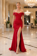 Red Off The Shoulder Satin Mermaid Prom Gown With Thigh Slit And Sweep Train Prom Dress front view
