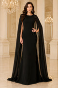 Black Jewel Neck Sheath Evening Dress with Sheer Cape Sleeves and Floor Length Skirt front view