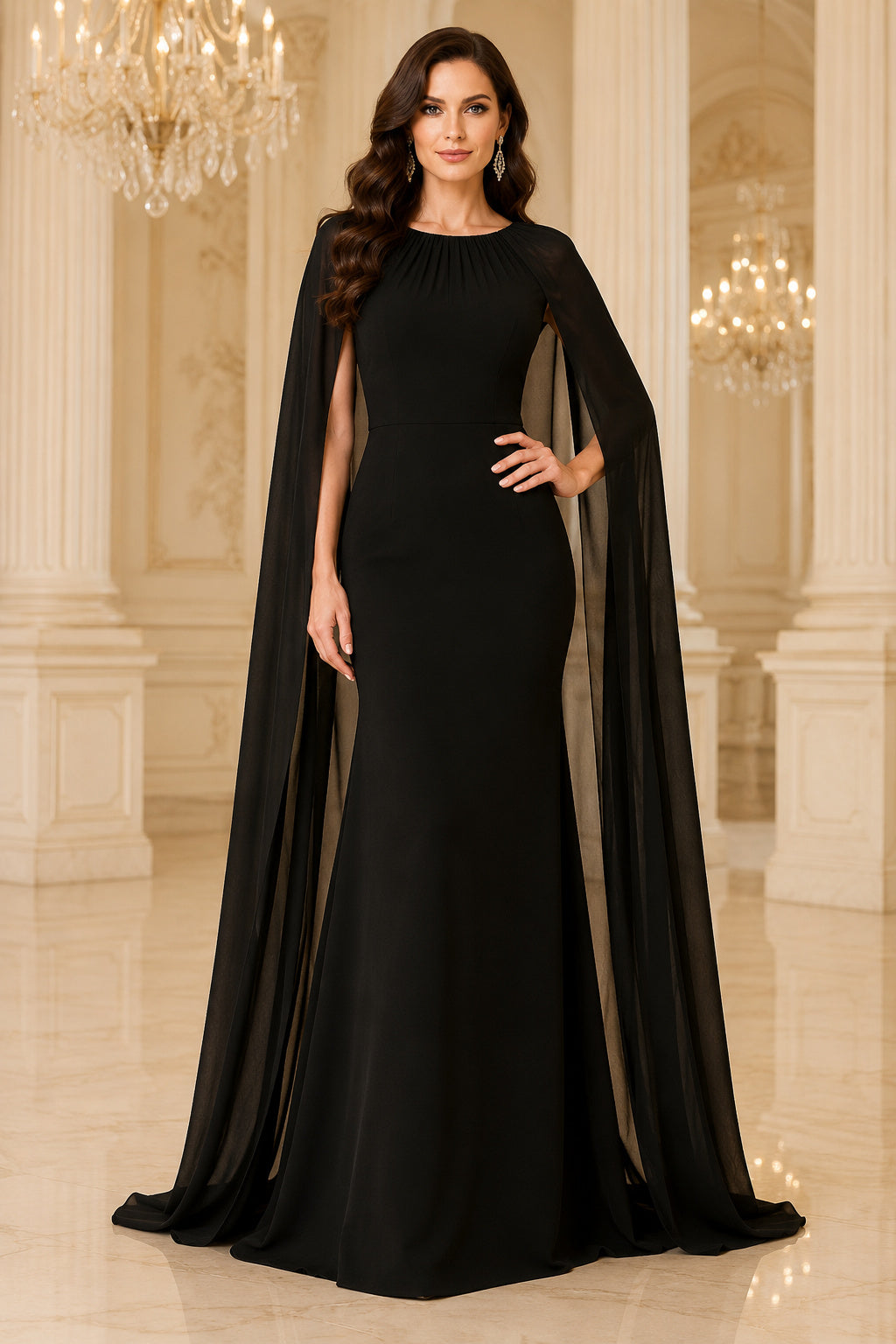 Black Jewel Neck Sheath Evening Dress with Sheer Cape Sleeves and Floor Length Skirt front view