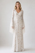 White Scoop Three-Quarter Sleeves A-Line Lace Floor-length Wedding Dress With Lace and Open Back and Open Back Lace Hem Detail