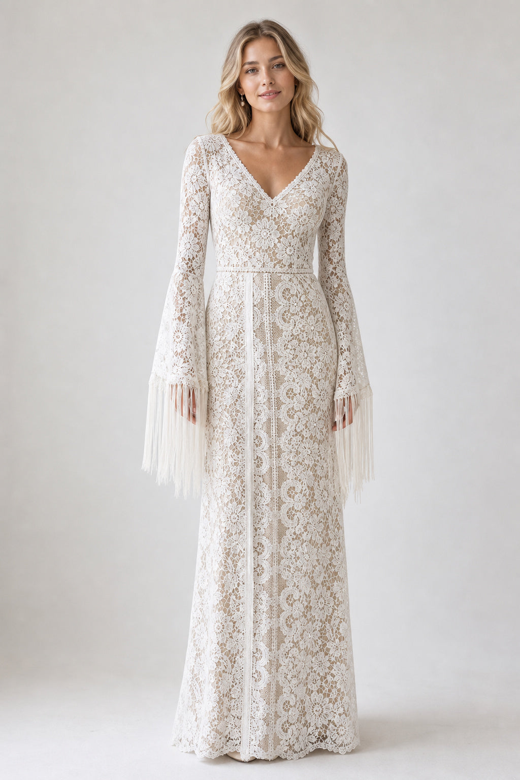 White Scoop Three-Quarter Sleeves A-Line Lace Floor-length Wedding Dress With Lace and Open Back and Open Back Lace Hem Detail