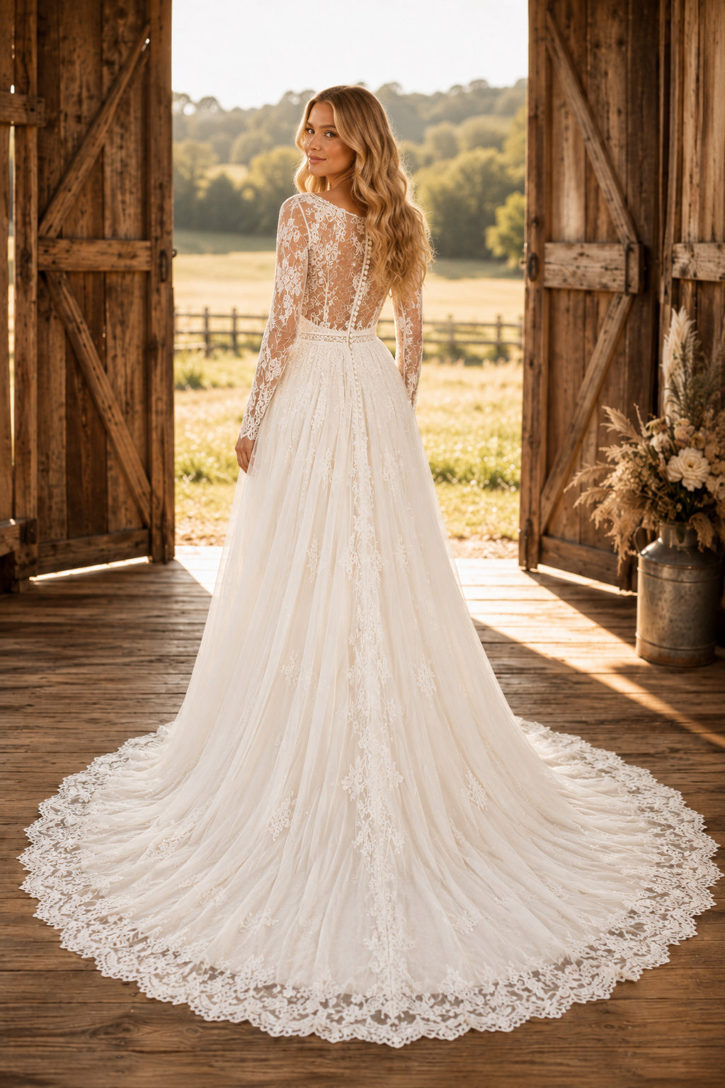 Long Sleeve V-Neck A-Line Wedding Dress with Dense Lace Appliques and Chapel Train back view