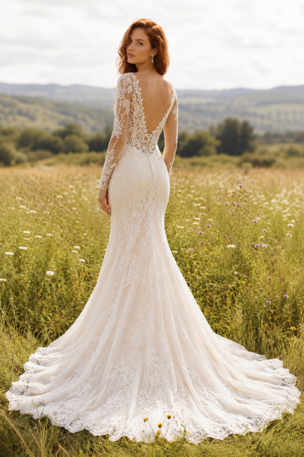 Ivory Sexy V-Neck Mermaid Allover Lace Wedding Dress with One Long Lace Sleeve and Chapel Train back view