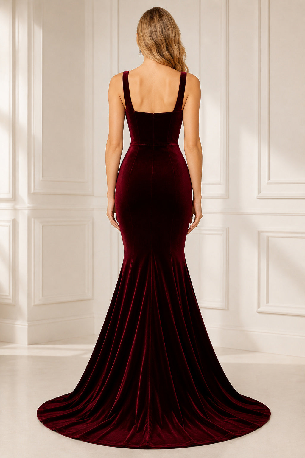 Burgundy Square Neck Velvet Mermaid Evening Dress with Wide Straps and Sweep Train back view