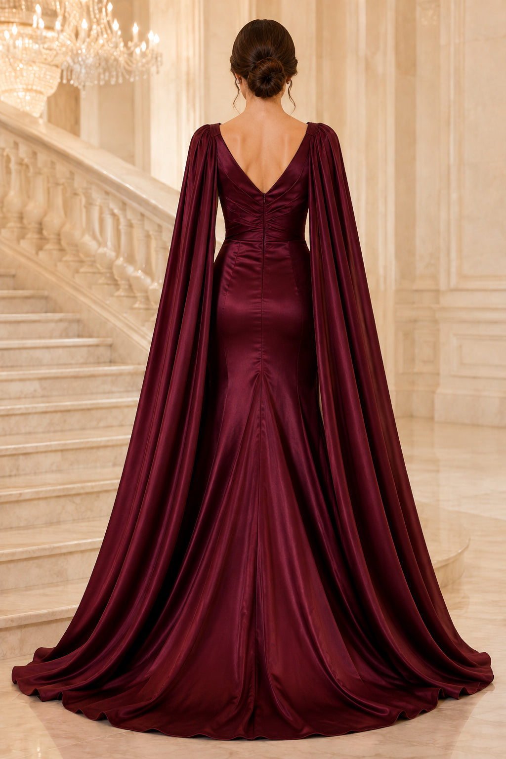 Burgundy V-Neck Satin Mermaid Evening Dress with Long Cape Sleeves and Sweep Train back view