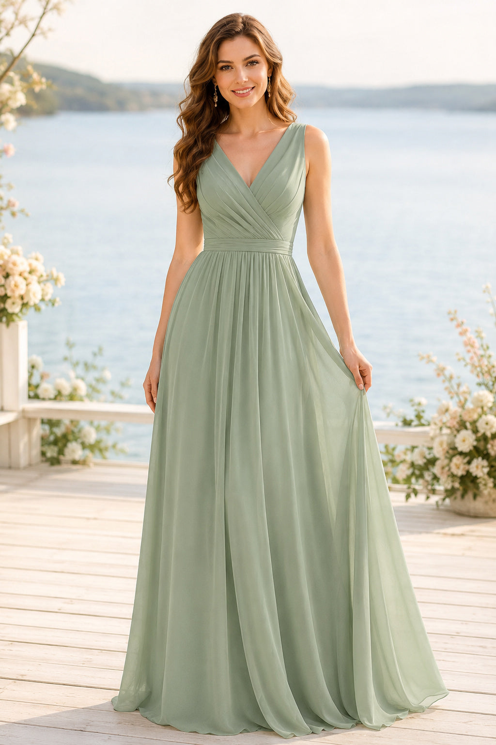 Sage V-Neck Chiffon A-Line Bridesmaid Dress with Wide Straps and Pleated Skirt front view