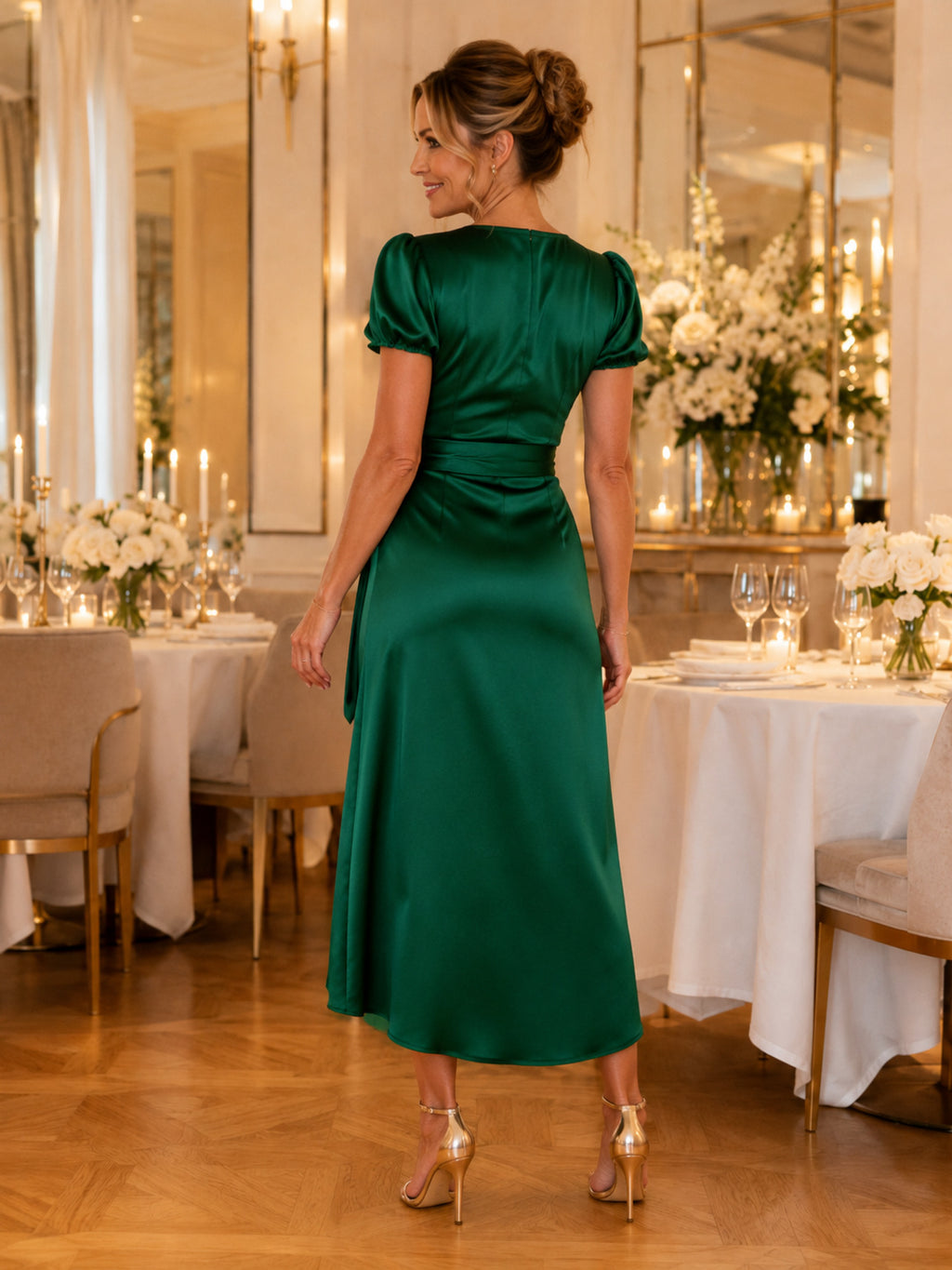Emerald Puff Sleeve Satin Wrap Midi Birthday Dinner Dress back view