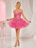 Fuchsia Luxury Short Strapless Sweetheart Tiered Glitter Tulle Sweet Sixteen Party Dress front view
