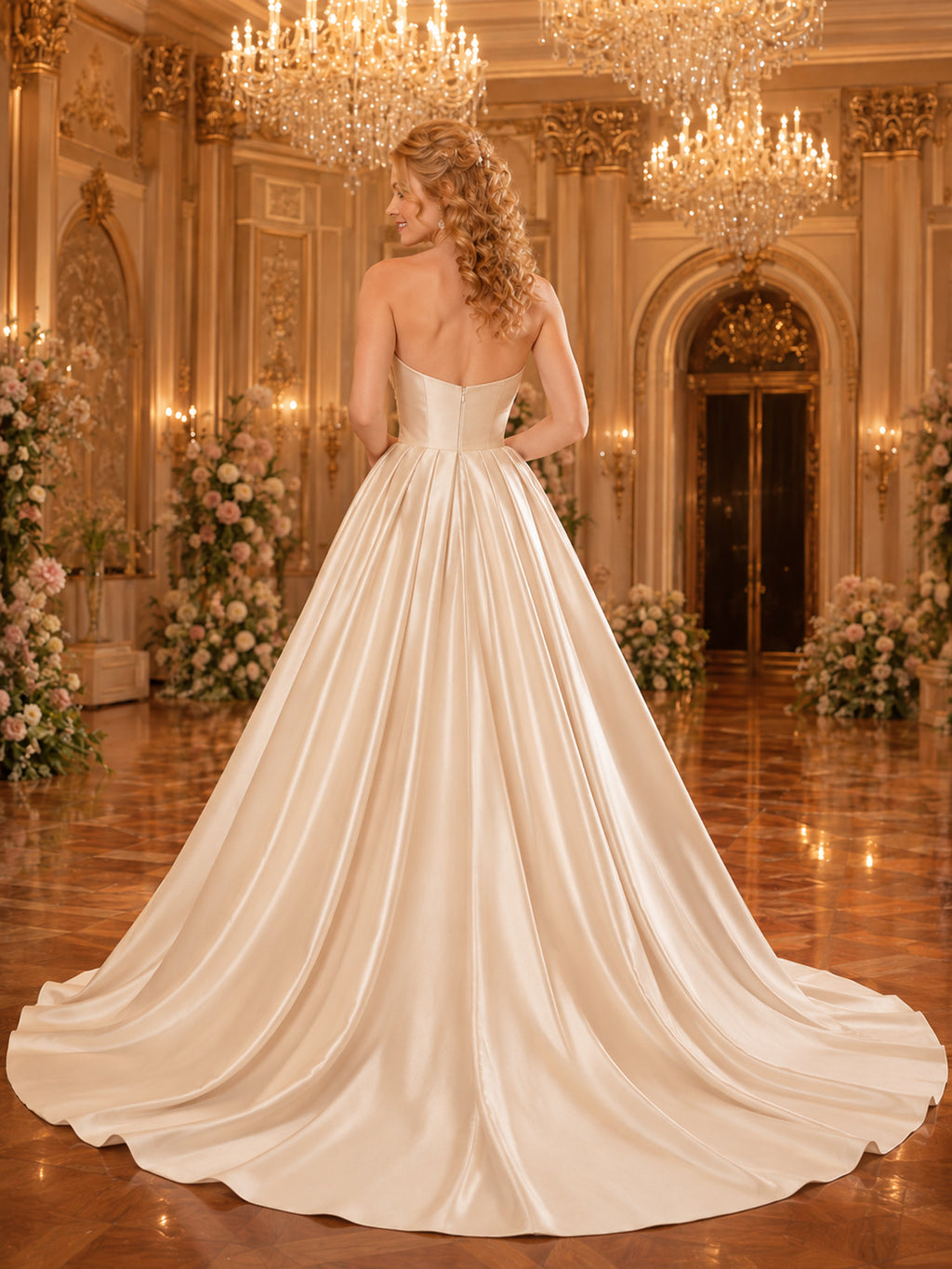 Champagne Strapless Satin Ball Gown Palace Bridal Dress back view