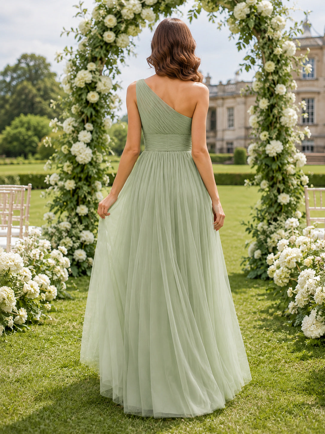 Sage One Shoulder Soft Tulle Floor Length A Line Garden Guest Dress back view