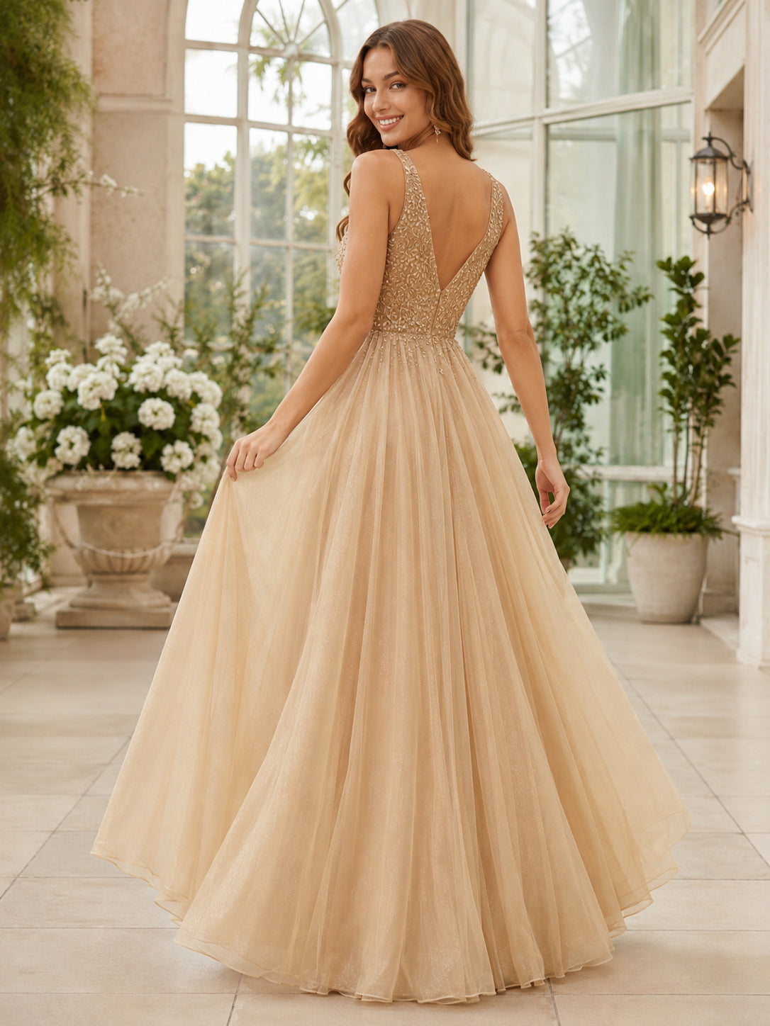 Champagne Tulle Maturaball A Line Floor Length Spaghetti Deep V Beaded Gown back view