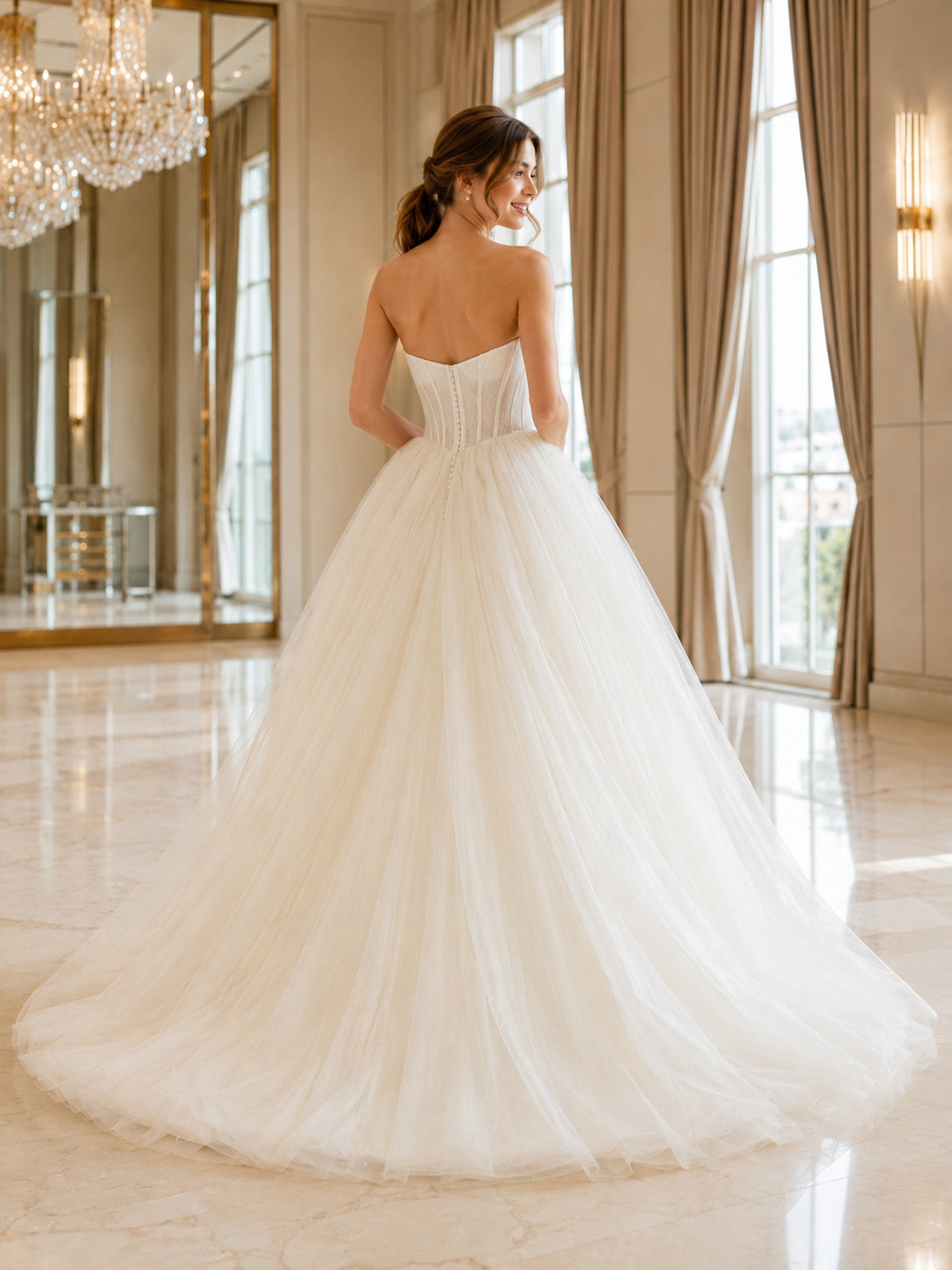 Petite Strapless Tulle Princess Ball Gown Wedding Dress back view