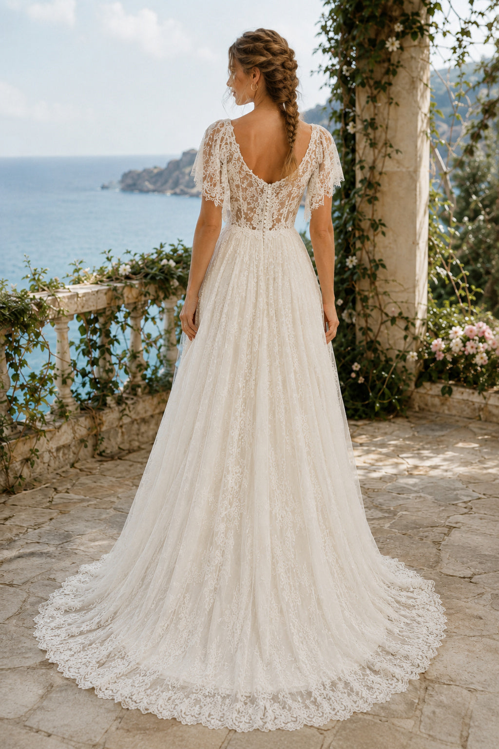 Ivory Cap Sleeve Scoop Neck Lace A-Line Wedding Dress Train for Wedding Ceremony and Reception back view