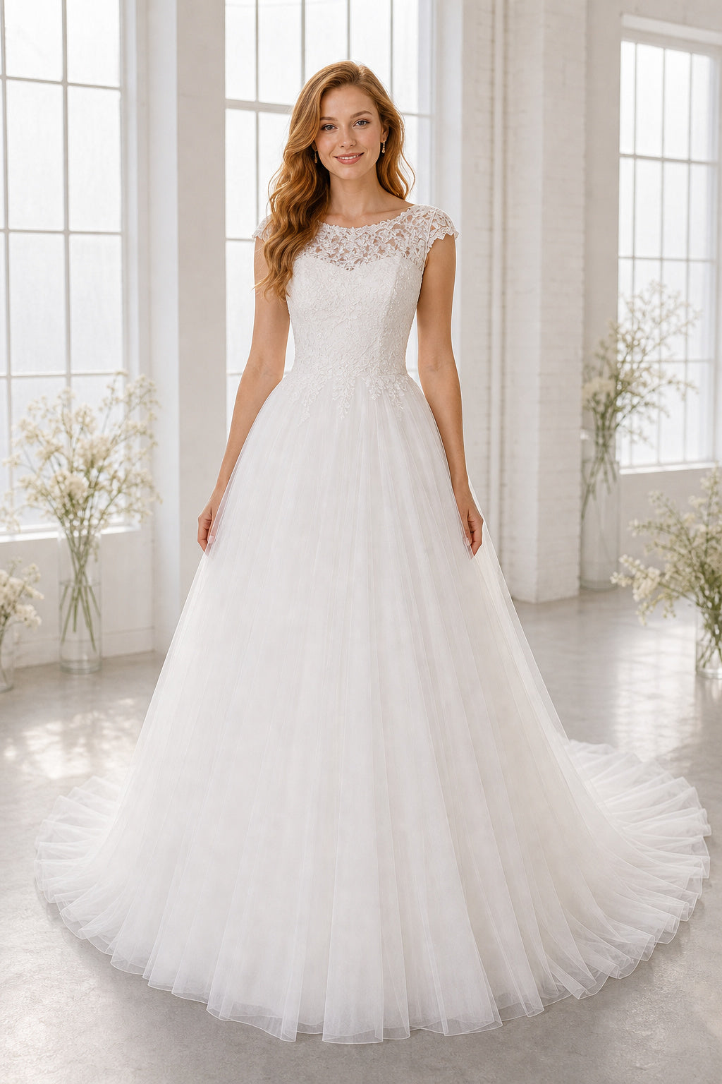 White Square Ball Gown Tulle Floor-length Wedding Dress With Sweep Train and Open Back and Open Back