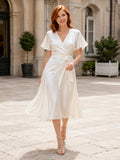 Mairie V Neck Flutter Sleeve Ruched Chiffon A-Line Tea Civil Wedding Dress front view