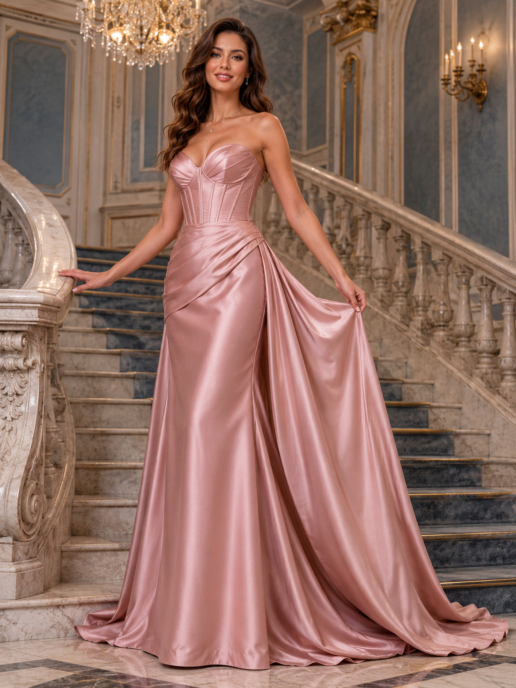 Dusty Pink Sweetheart Draped Satin A-Line Ballroom Bridal Gown front view