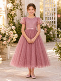 Vintage Mauve Glitter Tulle Puff Sleeve Flower Girl Tea-Length Party Dress front view