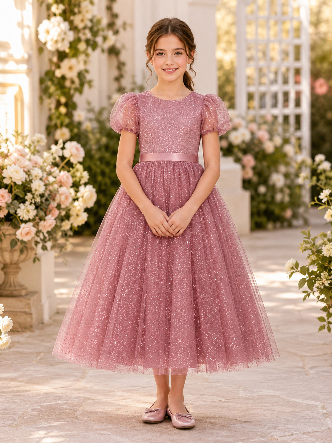 Vintage Mauve Glitter Tulle Puff Sleeve Flower Girl Tea-Length Party Dress front view
