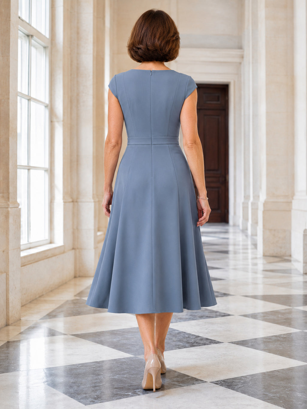 Dusty blue square neck cap sleeve A line midi mother dress back view