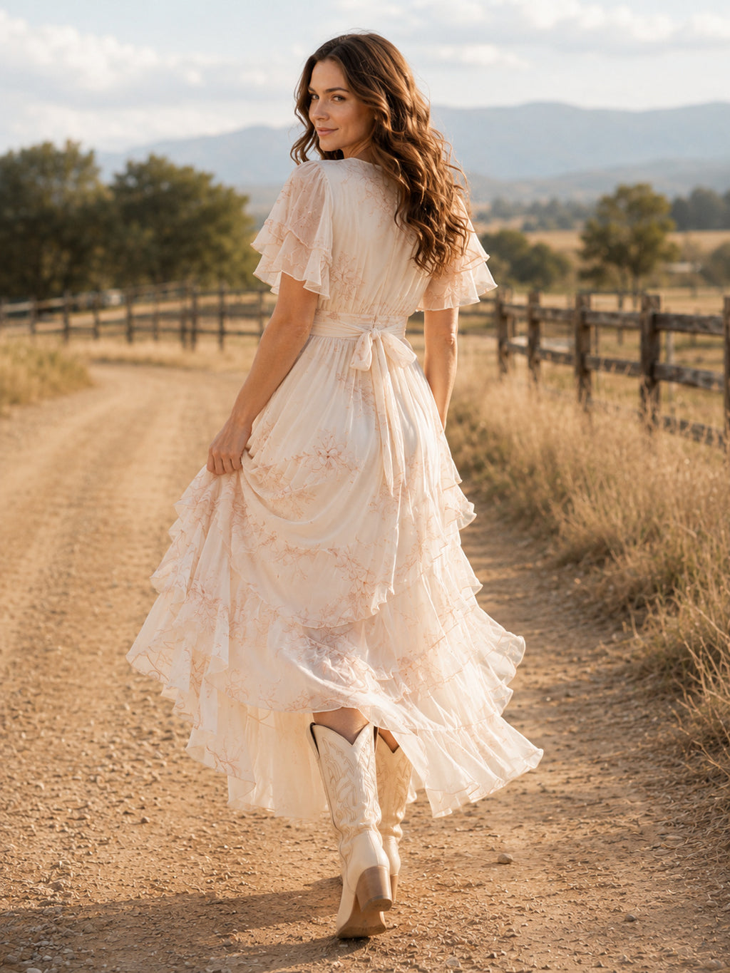 Chiffon High-Low A-Line V-Neck Flutter Sleeve Country Wedding Dress back view