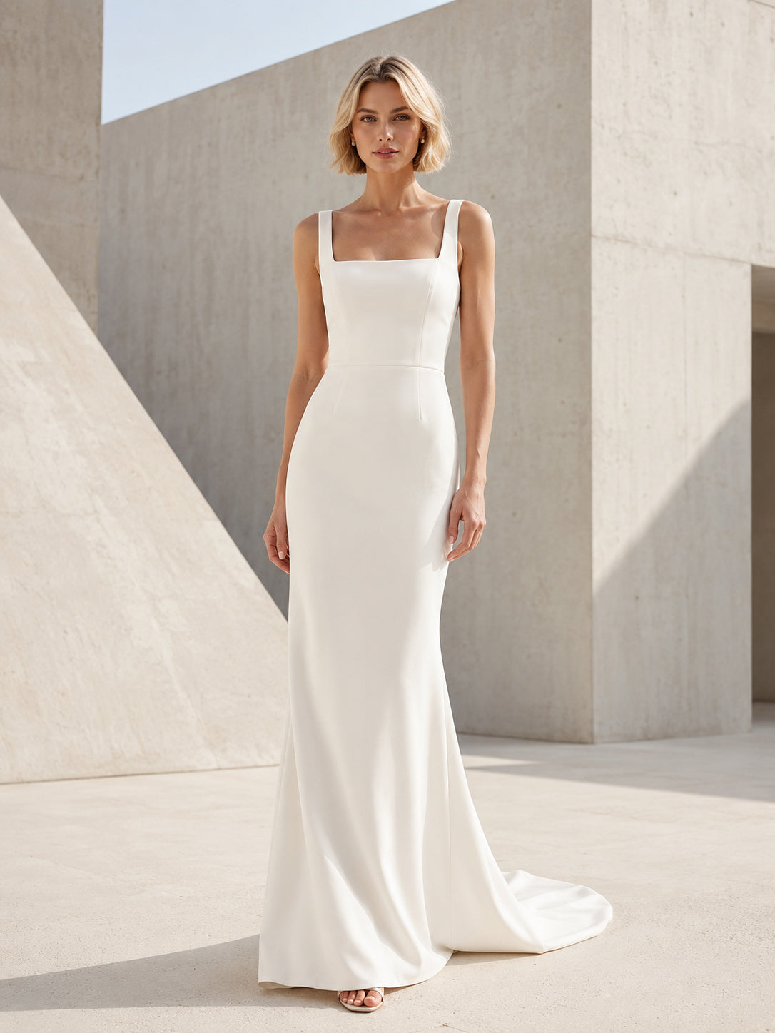 Modern Minimalist Square Neck Sheath Architecture Elopement Gown front view