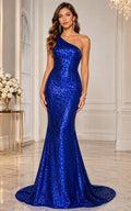 Royal Blue Sequin Mermaid Prom Dress One Shoulder Lace-Up Back front view