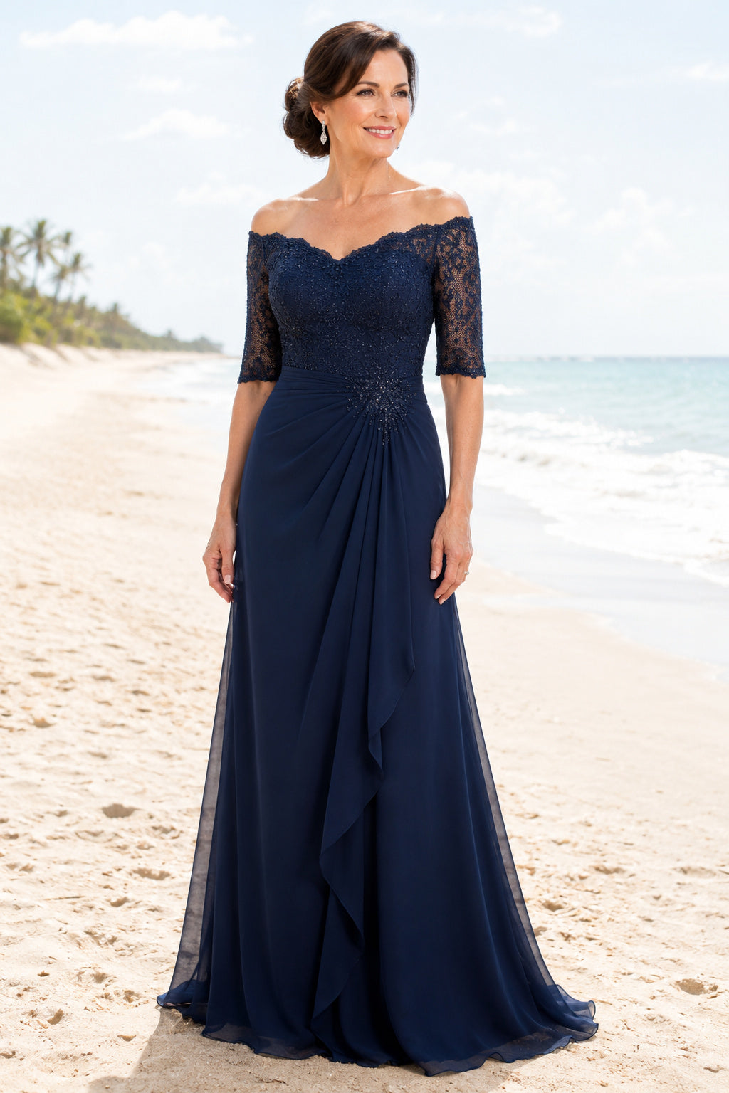 Dark Navy Off the Shoulder Mother Dress with Lace Sleeves and Draped Chiffon Skirt front view