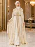 Luxury Ivory High Neck Long Bell Sleeve Gold Embroidered Chiffon A-Line Floor Length Hijab Evening Dress front view