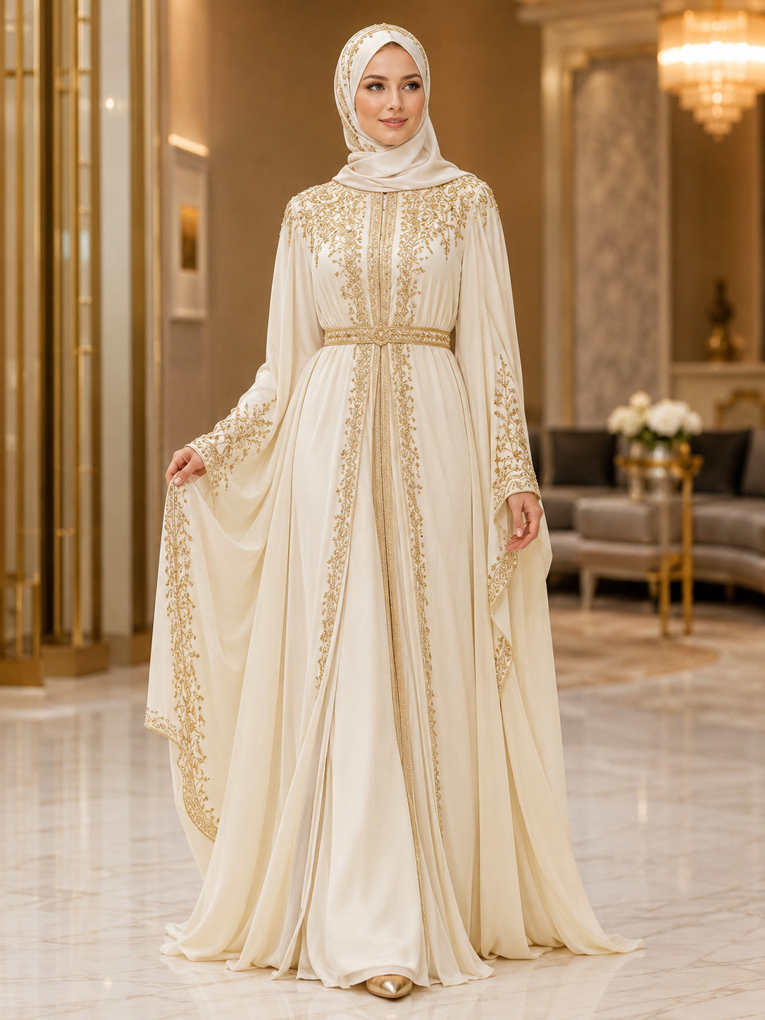 Luxury Ivory High Neck Long Bell Sleeve Gold Embroidered Chiffon A-Line Floor Length Hijab Evening Dress front view
