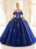 Royal Blue Luxury Off Shoulder Holographic Star Glitter Quinceanera Princess Ball Gown front view